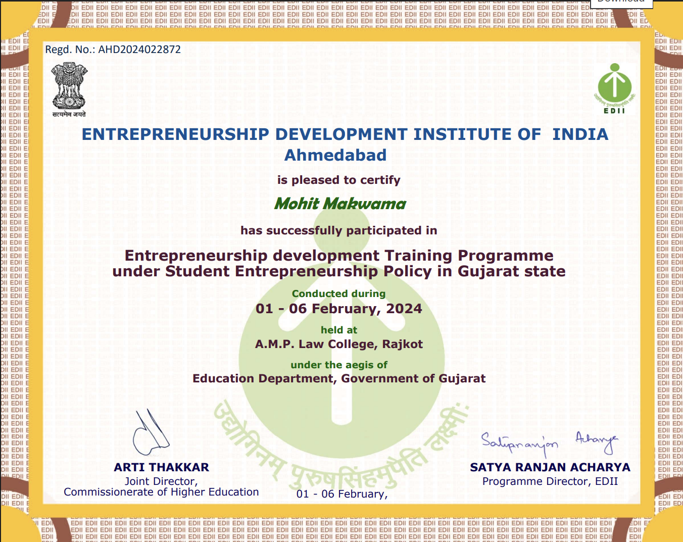 Entrepreneurship Development Training Programme under Student Entrepreneurship Policy in Gujarat state